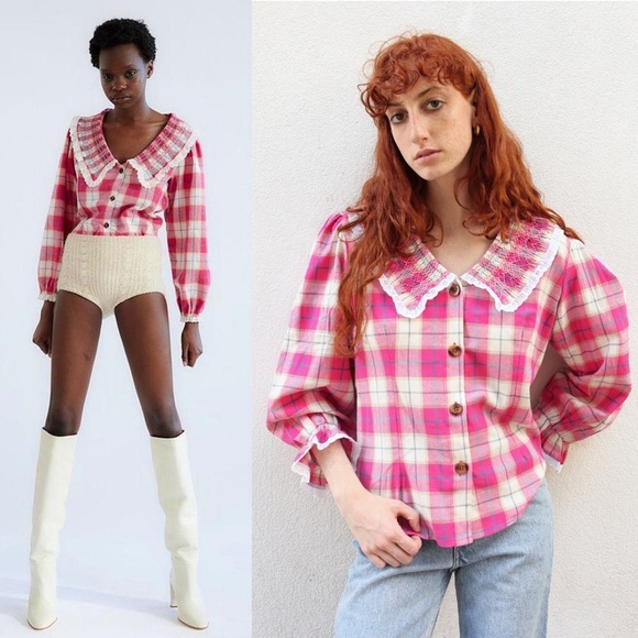 TACH Plaid Lace Trim Embroidered Smocked Peter Pan Collar Ruffle Cuff Top XS - Picture 2 of 16